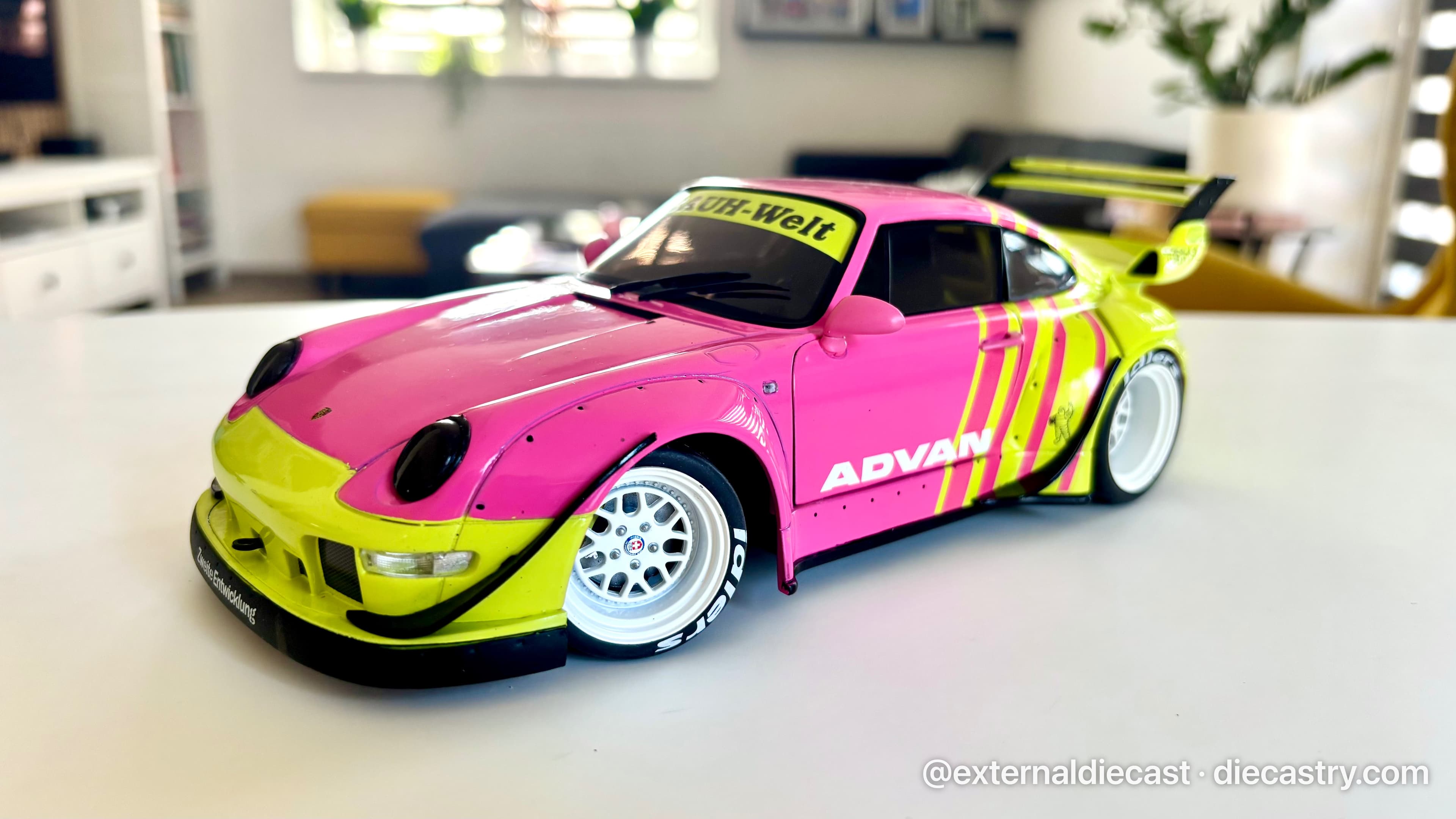 2024 Porsche RWB Bodykit 1:18 scale diecast model by Solido in Pink & Yellow