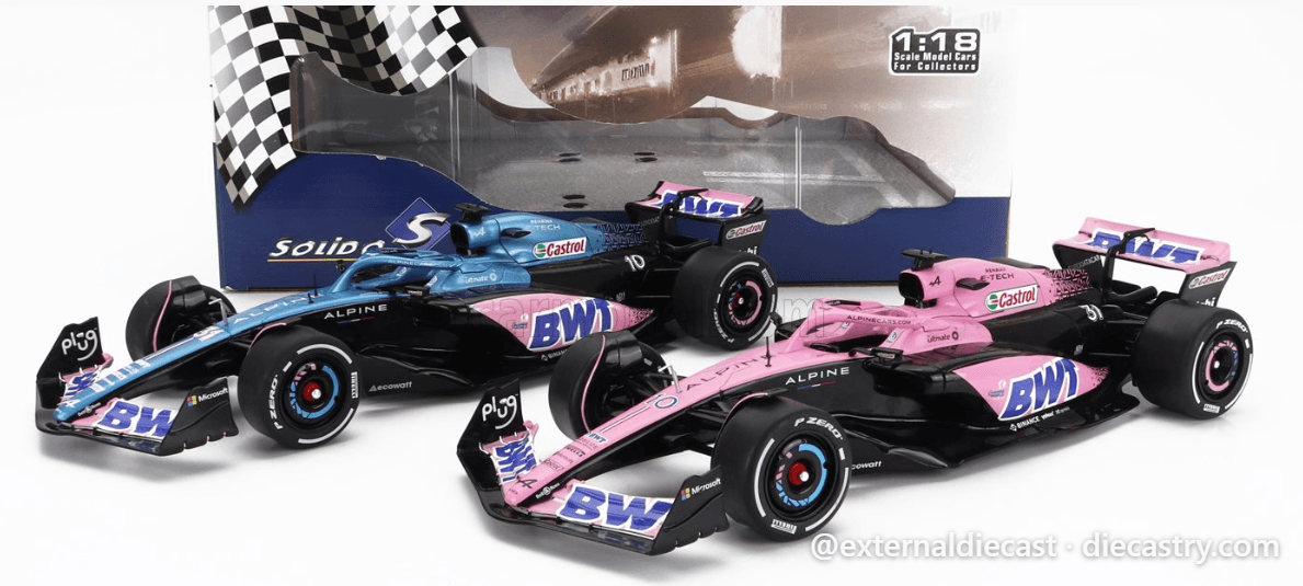 2023 Renault Set 2x F1 A523 Team Bwt Alpine Press Launch Livery N 10 Pierre Gasly - N 31 Esteban Ocon 1:18 scale diecast model by Solido