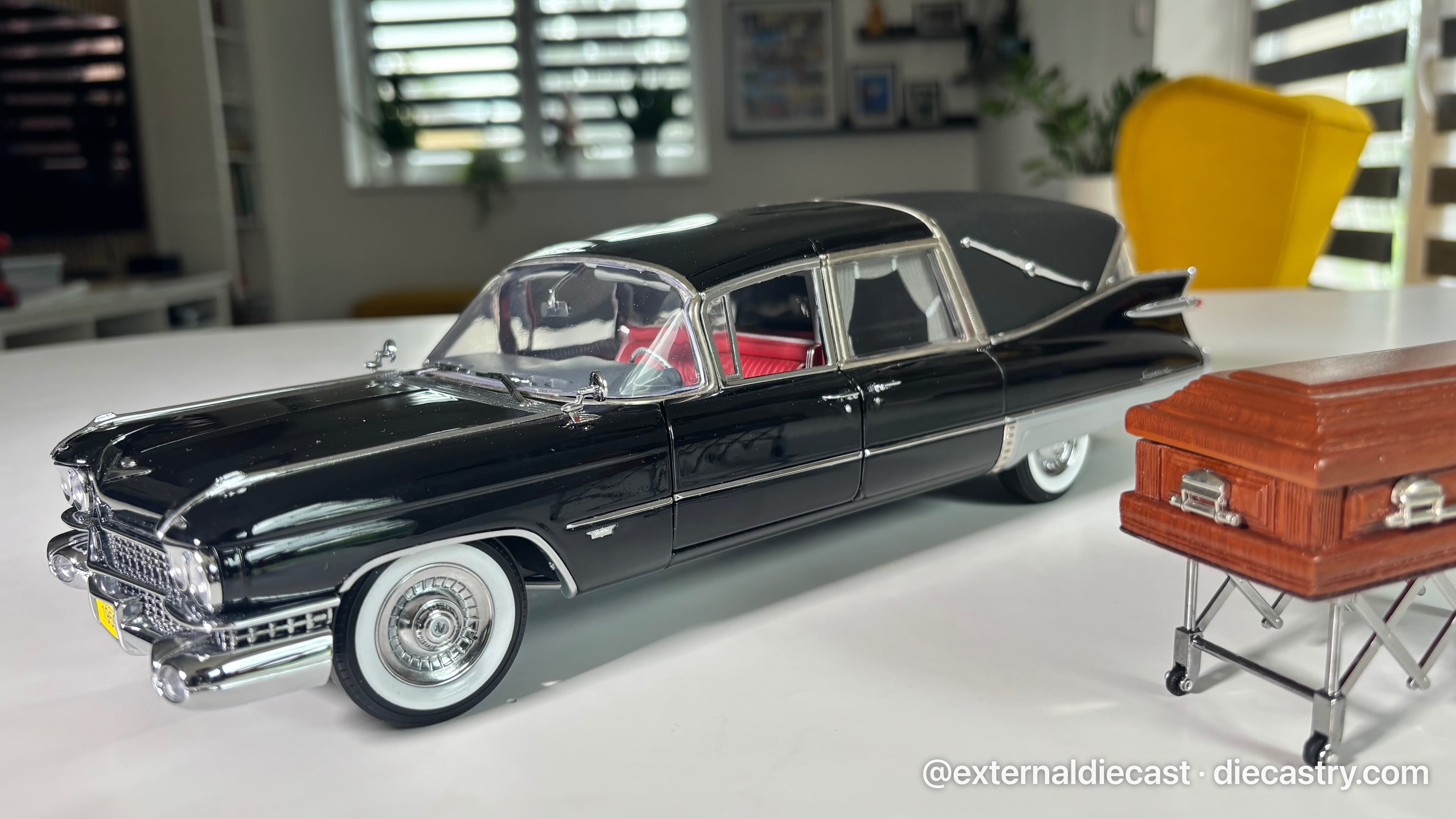 1959 Cadillac Sunset Crown Royale Landau Hearse 1:18 scale diecast model by Precision Miniatures in Black